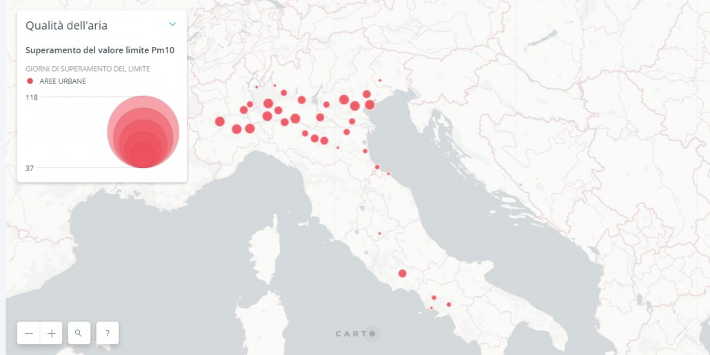 Le 35 aree urbane che hanno superato il limite di emissioni di polveri sottili (Pm10) nel 2017