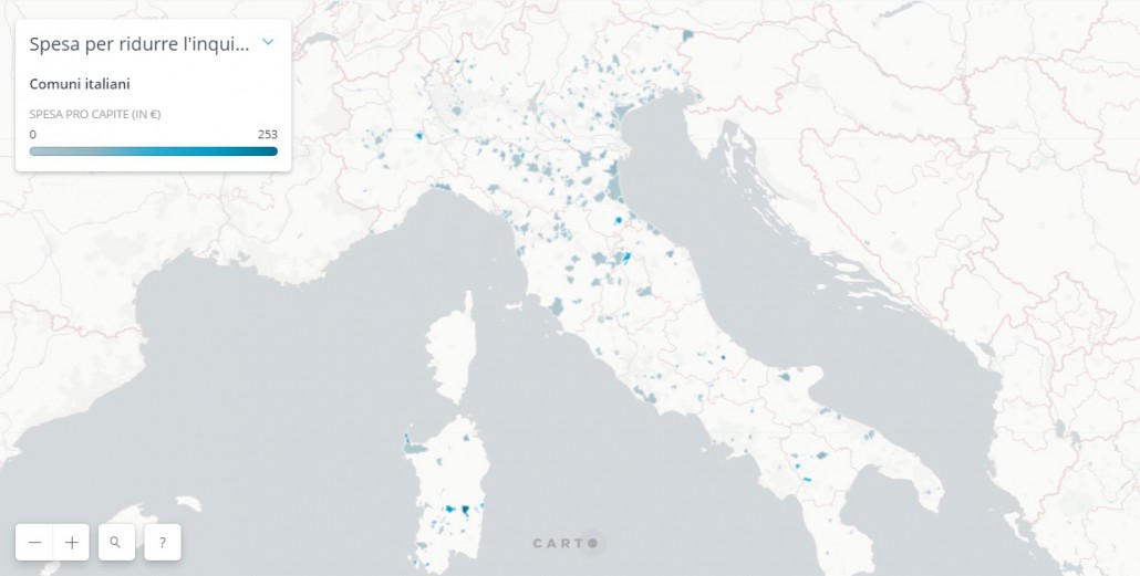 Spesa pro capite per la qualità dell'aria e riduzione dell'inquinamento, nei comuni italiani (2017)