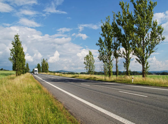 una strada vuota ha allineato con il vicolo del pioppo venente dal camion lontano bianco 62936936